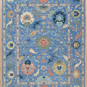 Blue colored Hand-knotted Contemporary Oushak Design Abstract Rug | Blue 9x12 Area Rug | Oversize Luxury Handmade Rug for Home Decor.