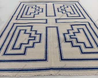 Handgeknoopt Turks wollen vloerkleed | Beige en blauw Oushak-ontwerp 8 x 10 9 x 12