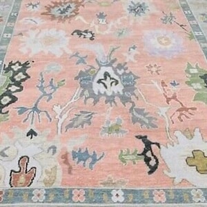 Aesthetic orange pink with gray Oushak Made to Order (In Any Size)Floral Hand Knotted Modern Oushak rug/ large area rug/pastel.