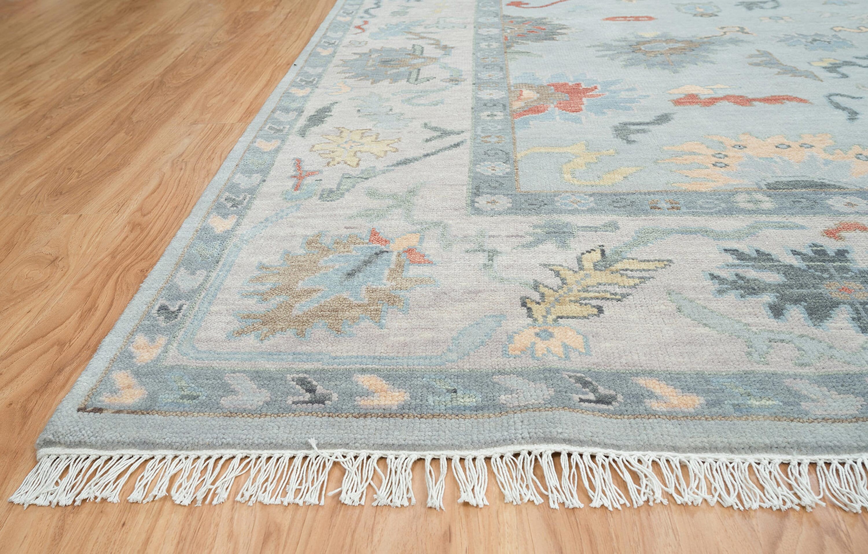 Tapis Oushak 100% Laine 8x10 Ft Gris Floral - Tissé à La Main, Pile Coupée, Style Oriental