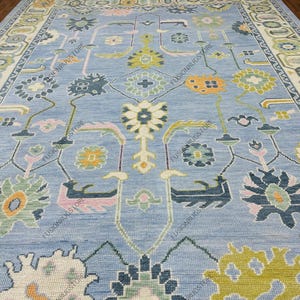 8x10 Blue Modern Oushak Area Rug, Handmade Wool Vintage-Inspired Rug, Green & Orange Oushak Runner, Large Contemporary Neutral Oushak Rugs