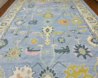 8x10 Blue Modern Oushak Area Rug, Handmade Wool Vintage-Inspired Rug, Green & Orange Oushak Runner, Large Contemporary Neutral Oushak Rugs