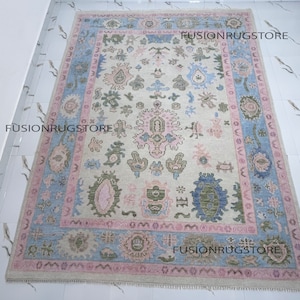 Cream Light Blue Premium Hand Knotted Modern Oushak Rug Premium Wool Hand Knotted Turkish Inspired