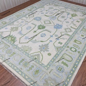 Hand knotted green white Oushak Made to Order (In Any Size!!) Geometric Knotted Modern Oushak rug/ large area/sage/muted oushak rug 5x8 8x10