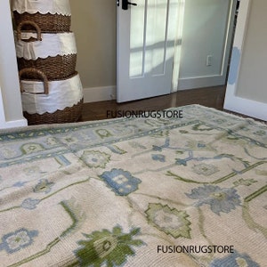 Hand knotted green white Oushak Made to Order (In Any Size!!) Geometric Knotted Modern Oushak rug/ large area/sage/muted oushak rug 5x8 8x10