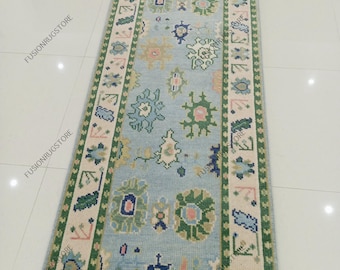 Handknuten blå Oushak löparmatta | Turkisk ullmatta för hallen | Grönbeige orientalisk 2x8 3x10 3x12 löpare i anpassad storlek
