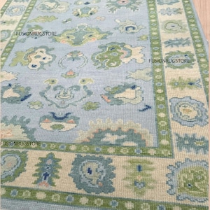 9'X12' Blue And Green Rug, Oushak Rug With Ivory, Olive Green & Light Pink Motifs: Modern Coastal Comfort Area Rug