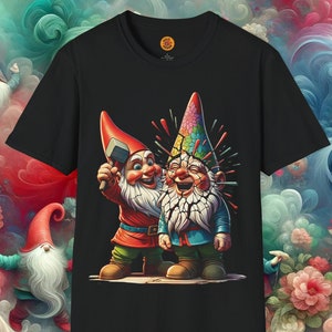 Whimsical Gnome Selfie T-Shirt | Colorful Garden Dwarf Friends Tee | Funny Fantasy Folklore Graphic