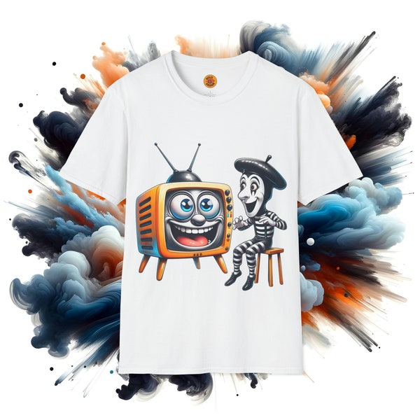 Retro TV & Mime Face-off Tee - Vintage Silent Comedy, Black and White Graphic T-Shirt for Laughs