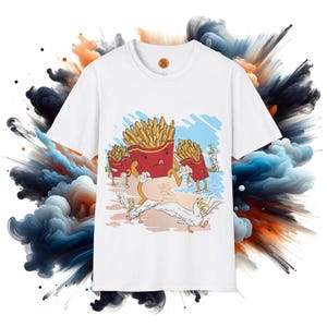 Koszulka Surreal Beach Scene French Fry Boxes, koszulka w stylu Vintage Cartoon, koszulka z czarnym humorem, antropomorficzny top graficzny z frytkami, unisex casual