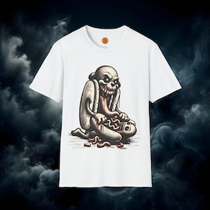 Creepy Hot Dog Cannibal T-Shirt | Goth Horror Funny Food Tee | Macabre Graphic Weird Skeleton Shirt | Dark Humor Punk Alternative