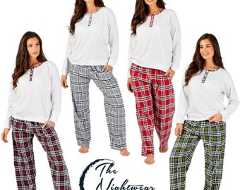 Women’s Pyjama Sets Cotton Nightwear Checked Long Sleeve Top and Pants Loungewear Set for Christmas.