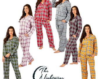Womens Pyjamas Set 100% Cotton Womens Nightwear Loungewear Set Checked Long Sleeve Top and PJ Bottoms Set