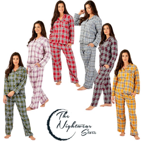 Womens Pyjamas Set 100% Cotton Womens Nightwear Loungewear Set Checked Long Sleeve Top and PJ Bottoms Set