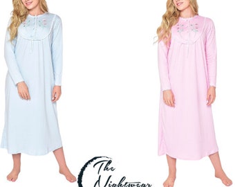 Womens Long Brushed Polycotton Nightdress Warm Long Sleeve Nightshirt With Buttons With Flower Embroided Neckline