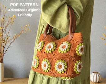 3D Textured Granny Square Bag Pattern, Puff Flower Crochet Purse PDF, Instant Download