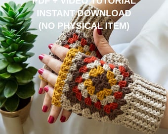 Granny Square Fingerless Gloves Pattern PDF & Video Tutorial • Instant Download • Crochet Boho Gloves