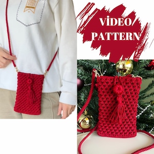 May include: Red crocheted crossbody bag with a tassel. The bag is small and has a rectangular shape. The bag is shown being worn by a person and also on a Christmas tree.