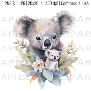 Koala bear Watercolor Clipart | Cute Koala Mom and Baby Koala Transparent PNG | Adorable Animal Graphic Design Illustration | Commercial Use