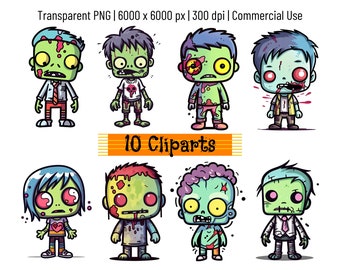 May include: Ten cartoon zombie clipart images. The zombies are green with red and blue accents. They have different expressions and are wearing different clothes.