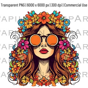 Floral Hippie Woman Clipart | JPG & Transparent PNG l High Quality Retro Hippie Woman PNG | Commercial Use Included | Digital Download
