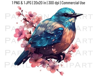 Blue Bird Watercolor Clipart | Bird With Cherry Blossom Transparent PNG | Exotic Bird Avian Graphic Design Illustration | Commercial Use