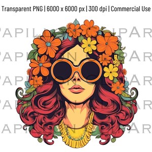 Retro Hippie Woman Clipart | JPG & Transparent PNG l High Quality Floral Hippie Woman PNG | Commercial Use Included | Digital Download