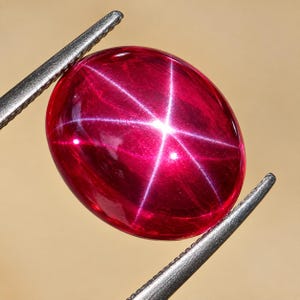 Könnte beinhalten: Ein leuchtend roter, ovaler Sternrubin im Cabochon-Schliff mit einem ausgeprägten sechsstrahligen Asterismus-Effekt, der von der Mitte ausgeht. Der tiefrote Edelstein wird oben und unten von einer silberfarbenen Metallpinzette sicher gehalten.