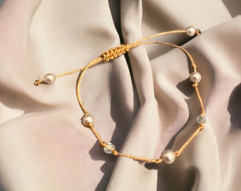 Handmade Adjustable String Bracelet With Pearl & Crystal Beads