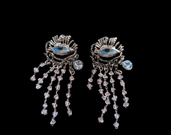 Schiaparelli Inspired Gold Creepy Evil Eye Statement Earrings, Large Bold Unique Rhinestone Bohemian Earrings For Women/Girls