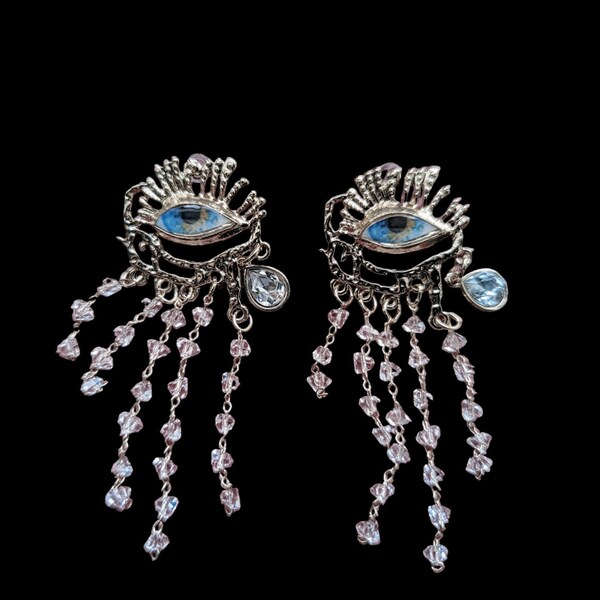 Boucles d'oreilles en or effrayantes de mauvais œil inspirées de Schiaparelli, grandes boucles d'oreilles bohèmes uniques audacieuses de strass pour des femmes/filles