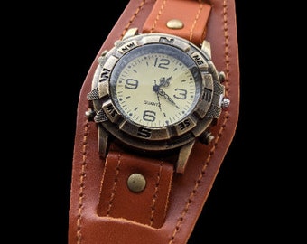 Reloj Steampunk unisex de cuero marrón