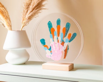 Family Of 5 Handprint Different Acrylic Paint Kit On Glass With Beach Wood Stand | Family Memory Kit For New House Decoration