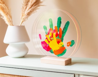 Handprint Kit for Family of 4 | Handprints with Colorful Acrylic Paint, Baby Footprint on Plexi, Decorative Wooden Base
