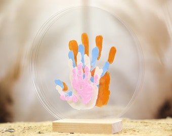 Family Of 4Handprint Acrylic Paint Art On Glass With Wooden Stand | Family Happiness Kit For Housewarming Gift