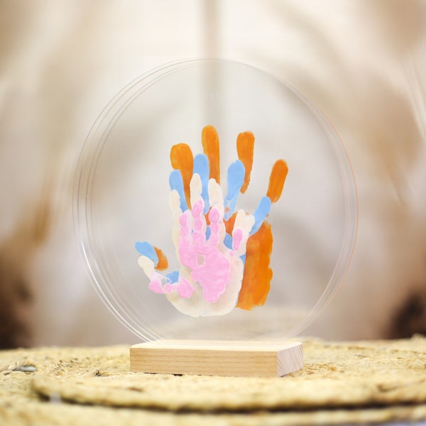 Family Of 4Handprint Acrylic Paint Art On Glass With Wooden Stand | Family Happiness Kit For Housewarming Gift