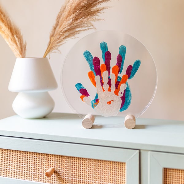 Hand Imprints Of 4 Members Acrylic Paint On Glass Kit| Family Memorial Gift For New House Decoration With Beach Wood Stand