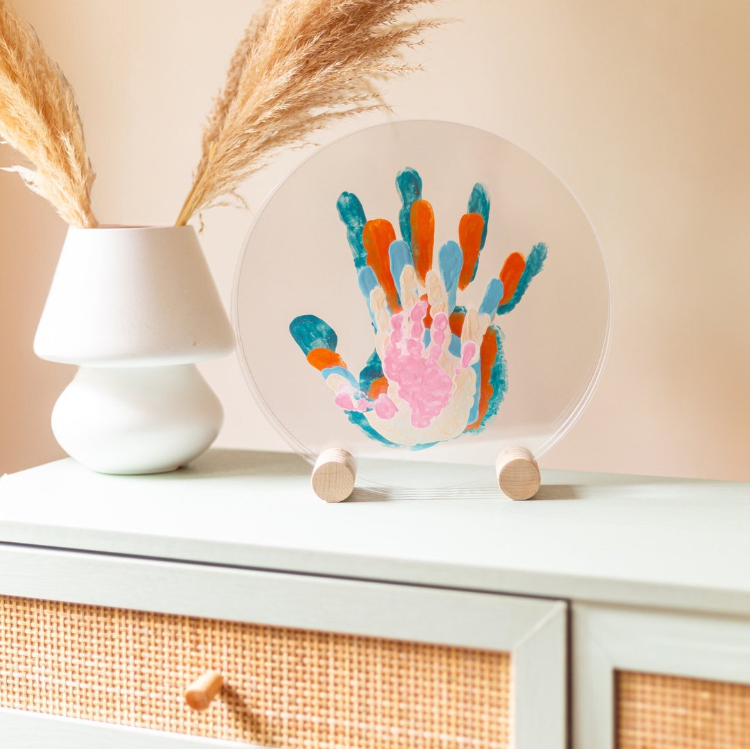 Kit Empreintes Mains Familial – Cadre Bois + Feuilles Transparentes – Peinture Bébé Sans Danger – Souvenir Naissance & Famille