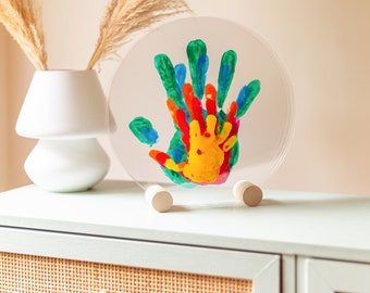 Colorful Handprints Of 5 Family Members Acrylic Paint On Glass | Family Memorial Finger Prints For Living Room Decoration With Wood Stand