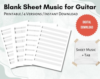 Blank Sheet Music and Tab for 6 Strings Guitar / With or Without Barlines / Printable PDF A4 and Letter / Instant Digital Download