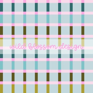 May include: A digital design with a plaid pattern in light blue, pink, teal, and olive green. The words "wild blossom design" are written in pink cursive across the centre of the image.