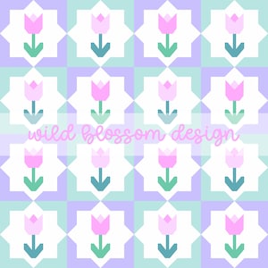 May include: A repeating pattern of pink tulips with green stems and leaves on a light blue, purple, and white background. The text "wild blossom design" is written in cursive across the image.