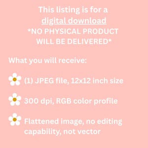 May include: A pink background with white text detailing a digital download. The text states the listing is for a digital download and no physical product will be delivered. It includes a 12x12 inch JPEG file.