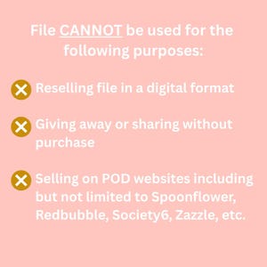 May include: A pink background with white text that reads "File CANNOT be used for the following purposes:" followed by three bullet points with a red X and white text. The bullet points read: "Reselling file in a digital format", "Giving away or sharing without purchase", and "Selling on POD websites including but not limited to Spoonflower, Redbubble, Society6, Zazzle, etc."
