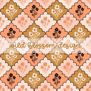 May include: A repeating pattern of scalloped diamond shapes in shades of peach, light pink, and mustard yellow. Each shape contains a simple line drawing of a flower. The text "wild blossom design" is overlaid in a cursive brown font.