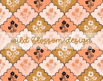 Scalloped Patchwork Fall Floral Tiles Seamless Repeating Pattern Digital File, 12x12", 300 DPI, JPEG