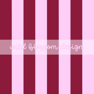 May include: A digital design featuring vertical stripes in alternating shades of burgundy and light pink. A horizontal banner across the center displays the text "wild blossom design" in a cursive font.