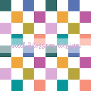 Könnte beinhalten: Ein farbenfrohes Schachbrettmuster mit Quadraten in Grün-, Blau-, Orange-, Rosa- und Weißtönen. Der Text "wild blossom design" ist in einer Schreibschrift über die Mitte des Bildes geschrieben.