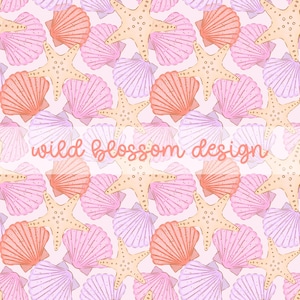 May include: A repeating pattern of seashells and starfish in shades of peach, pink, and white on a light pink background. The text "wild blossom design" is written in a cursive font across the image.