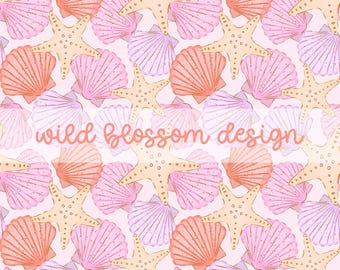 Sea Shells and Starfish Ocean Beach Summer Seamless Repeating Pattern Digital File